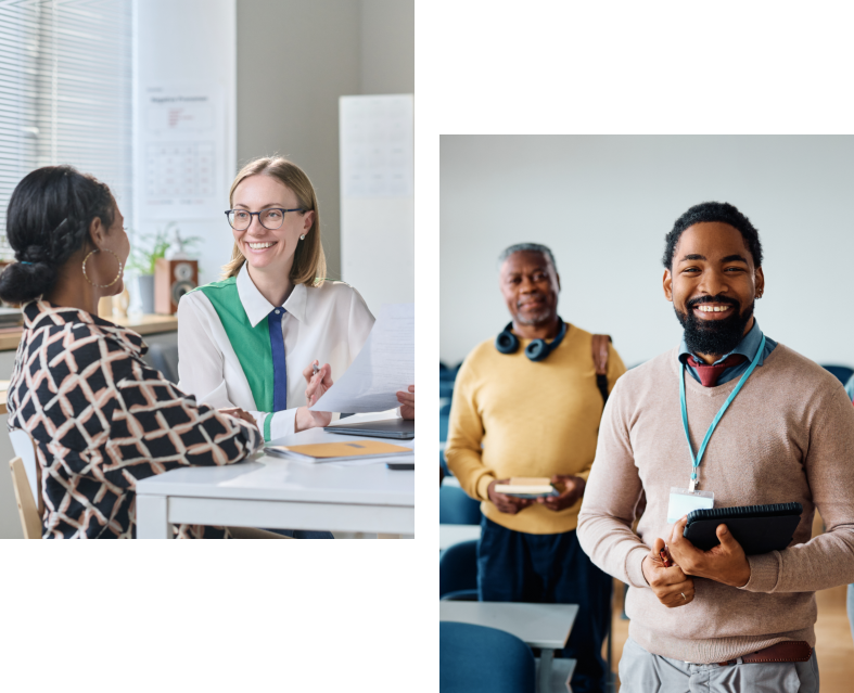 Professionals meeting and smiling at work